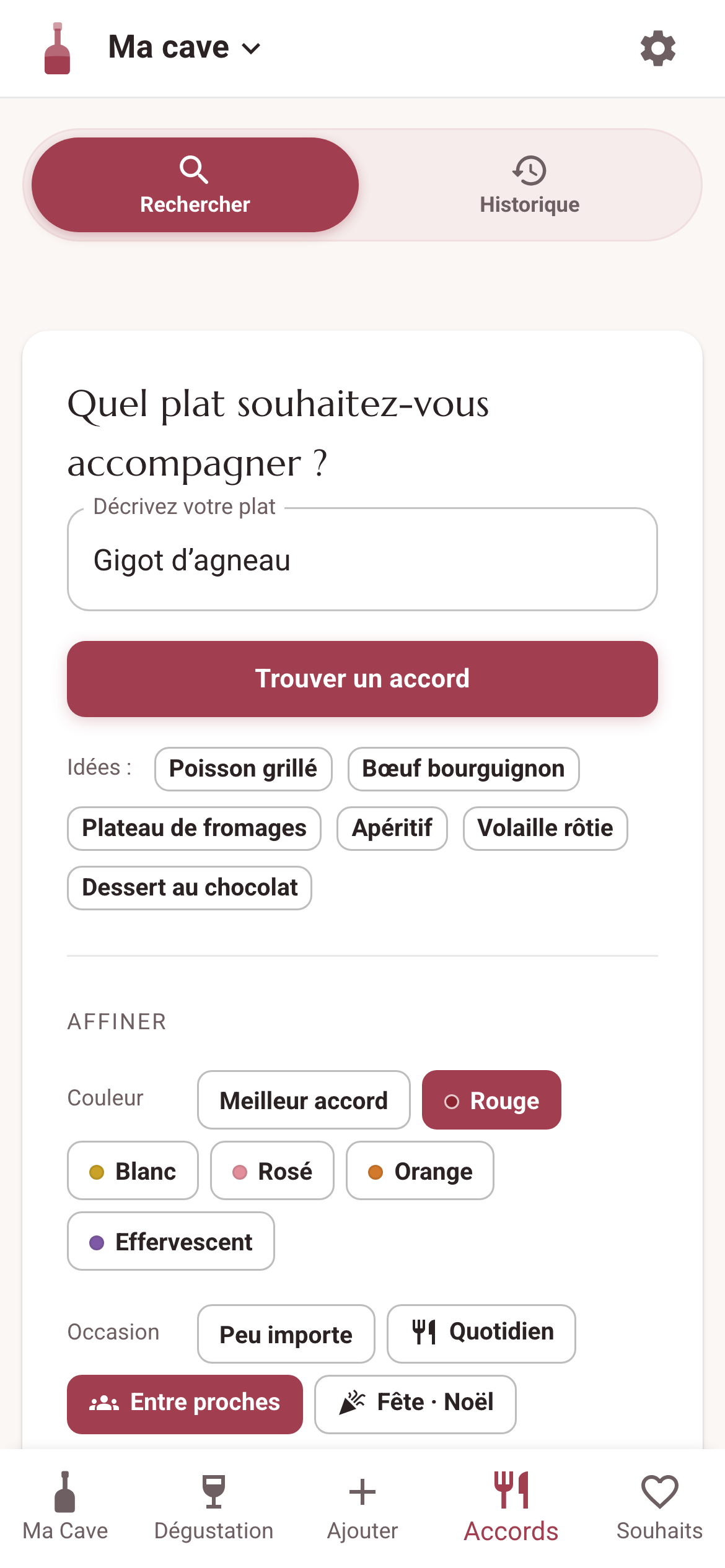 Accords mets-vins : un gigot d’agneau, l’app cherche le vin dans la cave.