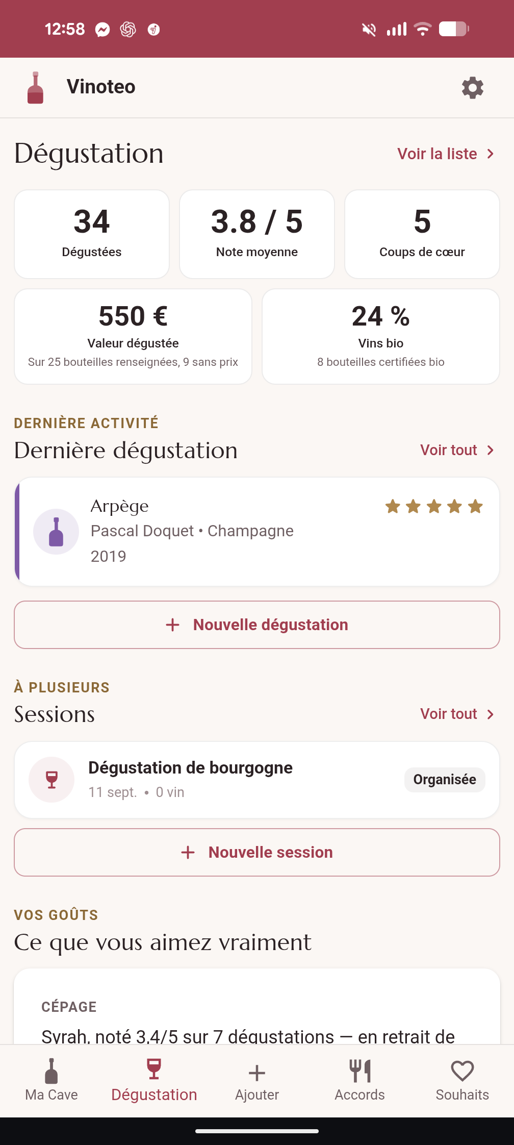 Écran Dégustation de Vinoteo : statistiques, dernière dégustation et ce que l’utilisateur aime vraiment.